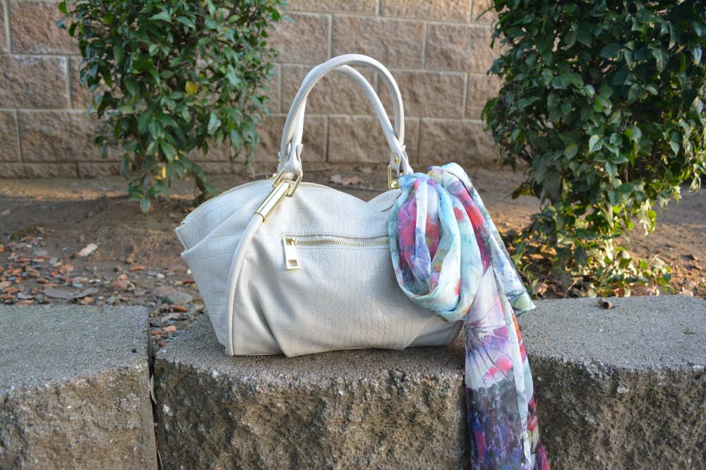 mark. Fawn Over Flora Scarf Tied on the mark. Classic Hit Handbag