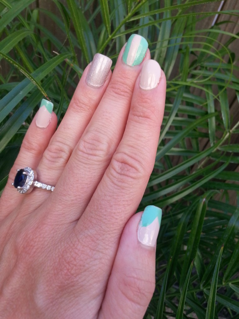 Turquoise and Nude Mani with mark. Seafoam, Avon Barefoot Beige and Julep Ginger