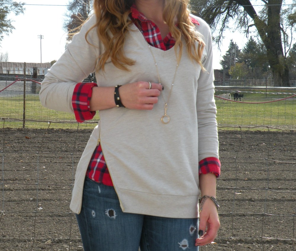 Jill Layers Plaid with mark. Effortless Edge Sweatshirt