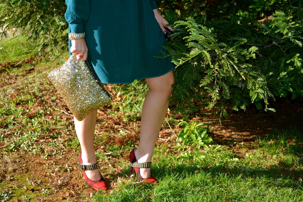 Sequin Gold Clutch and Red Plaid Pumps!