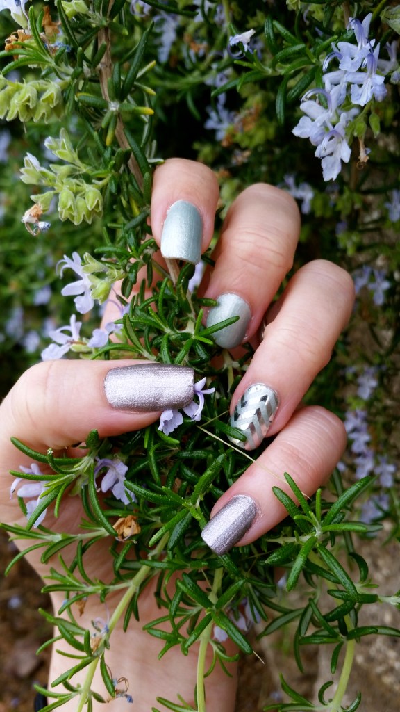 Mixed Mani with mark. Nailed It Precious Petals and Jamberry Silver Chevron