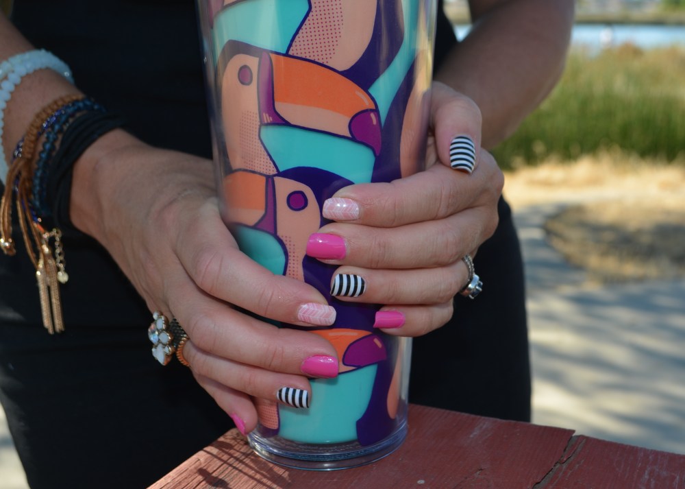 Mani Monday:  Summer Pink and Black and White Striped Mixed Mani